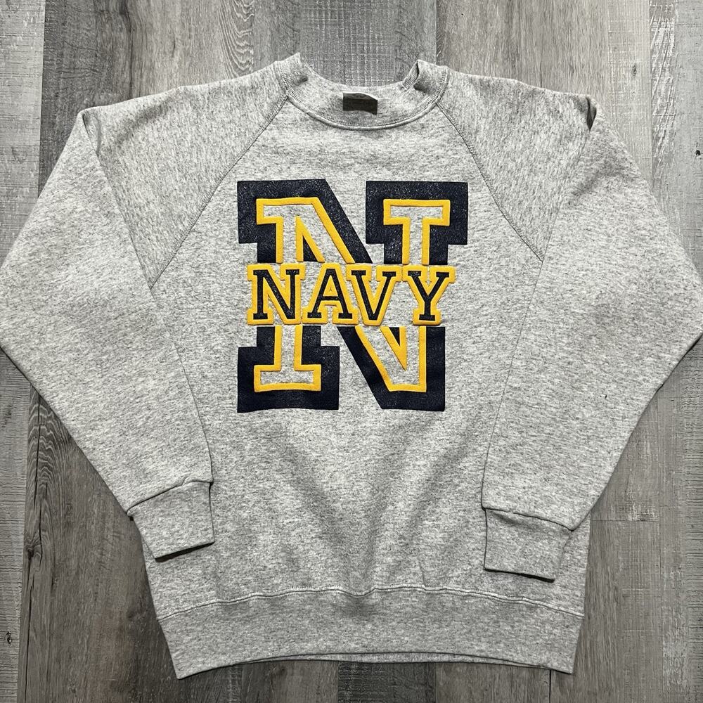 Vintage US Navy Sweatshirt Grey Puff Print Naval Crewneck Military Academy Sz L